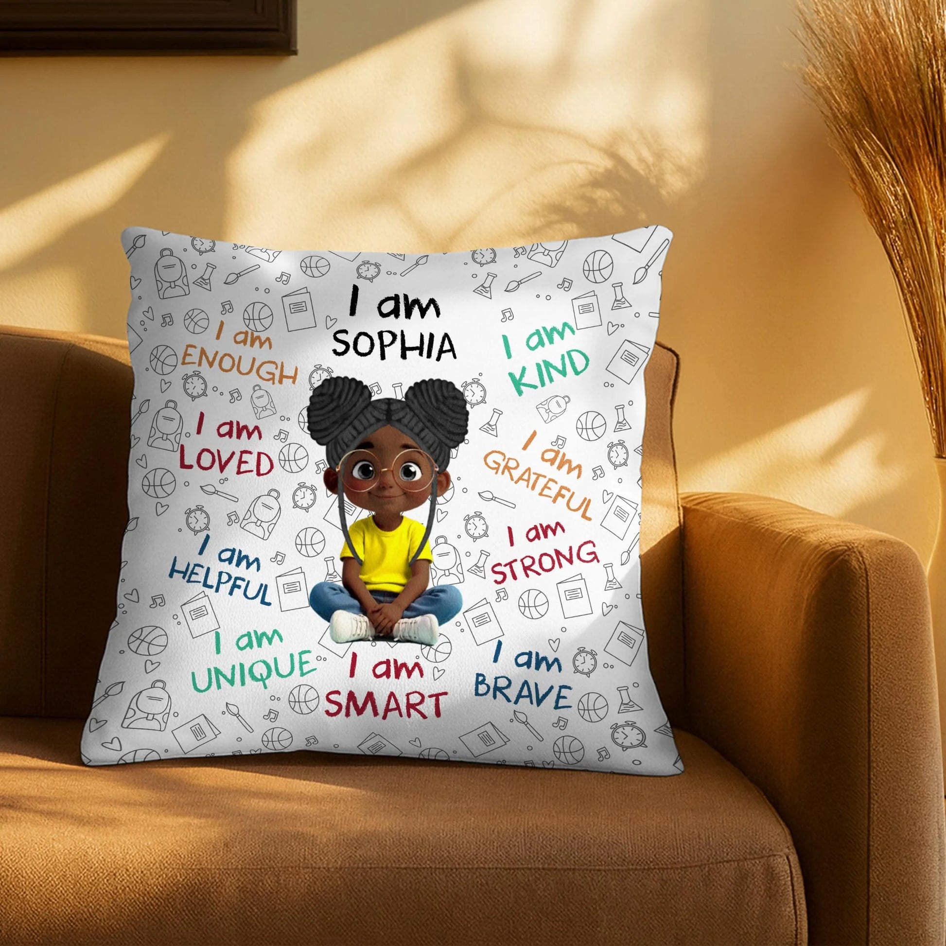 I Am Enough Loved Brave Custom Kids Affirmation Pillow - Personalized Gift for Girls