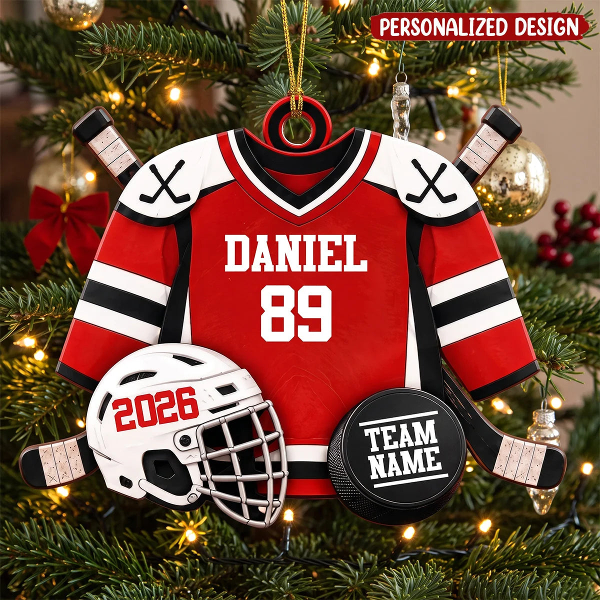 Custom Hockey Player Wooden Ornament - Personalized Ice Hockey Jersey Keepsake