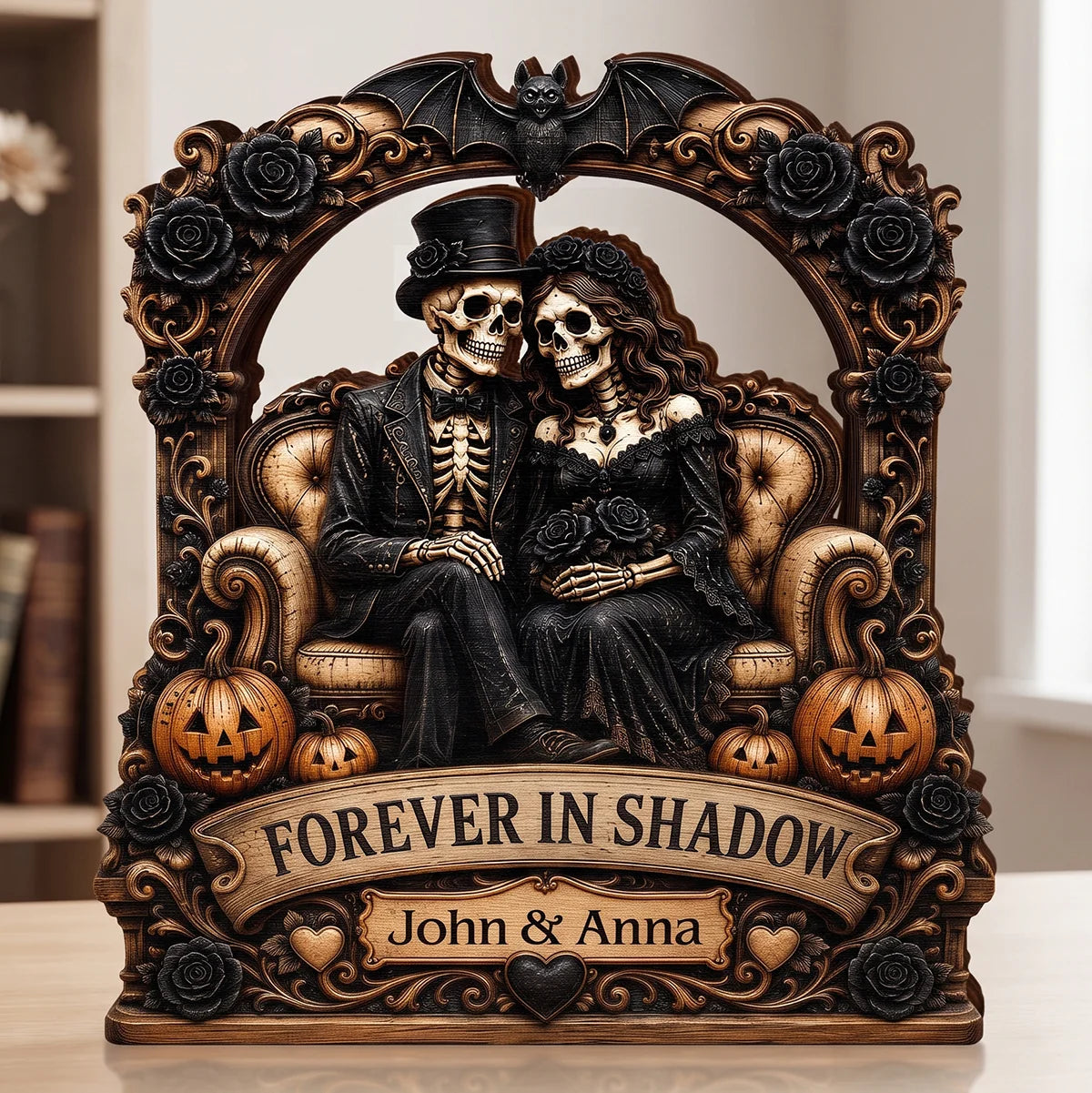 "Forever In Shadow" Personalized Skeleton Couple Wooden Block - Custom Gothic Halloween & Wedding Keepsake Gift for Couples