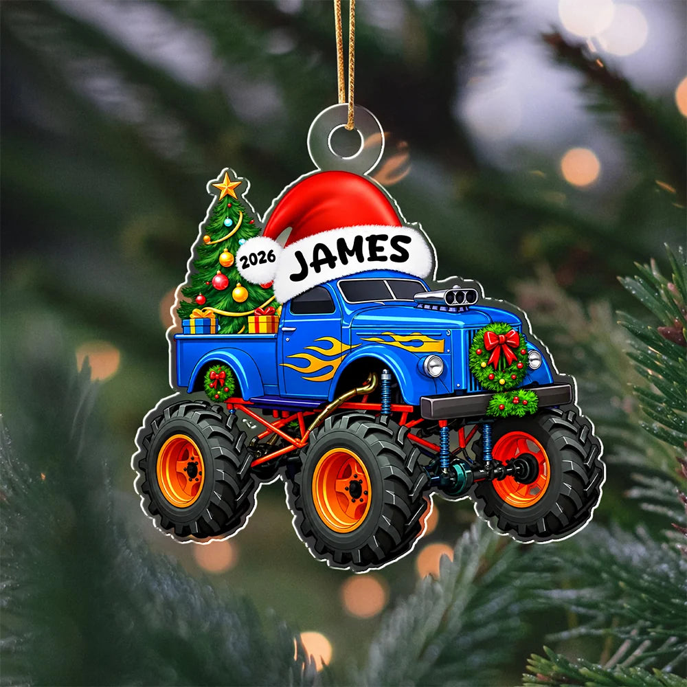 Personalized Monster Truck Acrylic Ornament - Custom Name Christmas Keepsake Gift for Kids