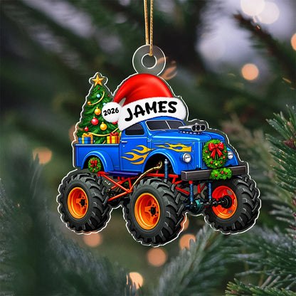 Personalized Monster Truck Acrylic Ornament - Custom Name Christmas Keepsake Gift for Kids