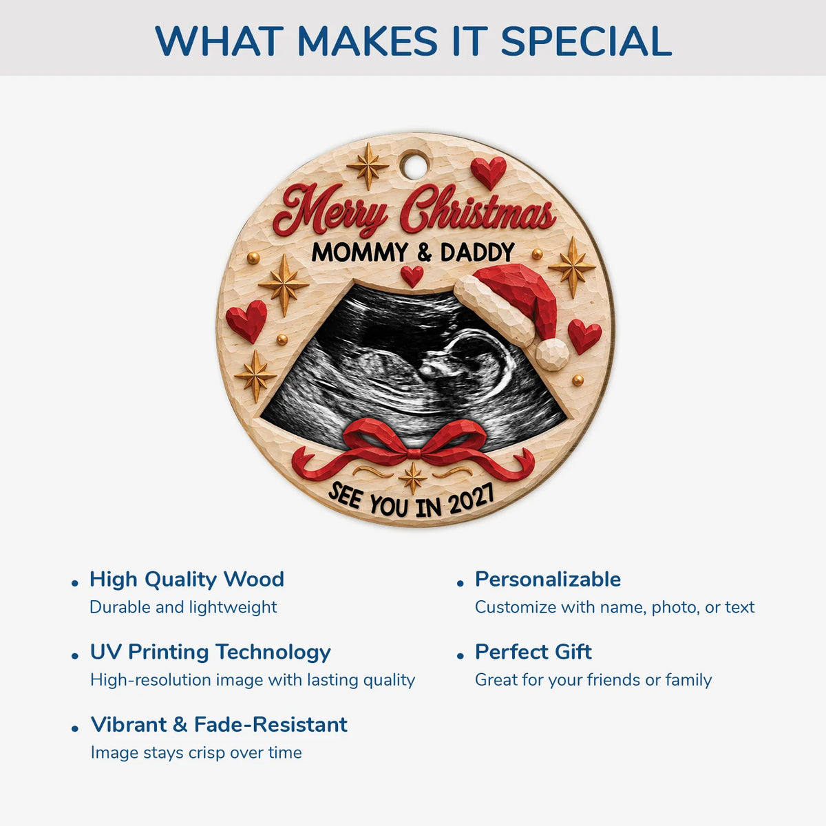 "Merry Christmas Mommy and Daddy" Personalized Sonogram Wooden Ornament - Keepsake for Expecting Parents