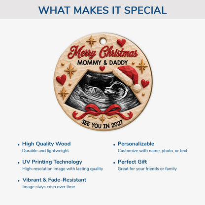 "Merry Christmas Mommy and Daddy" Personalized Sonogram Wooden Ornament - Keepsake for Expecting Parents
