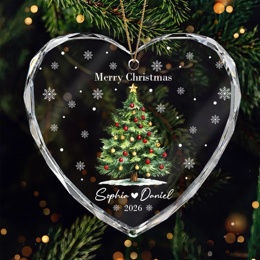"Merry Christmas" Personalized Glass Heart Ornament - Custom Couple Keepsake Gift