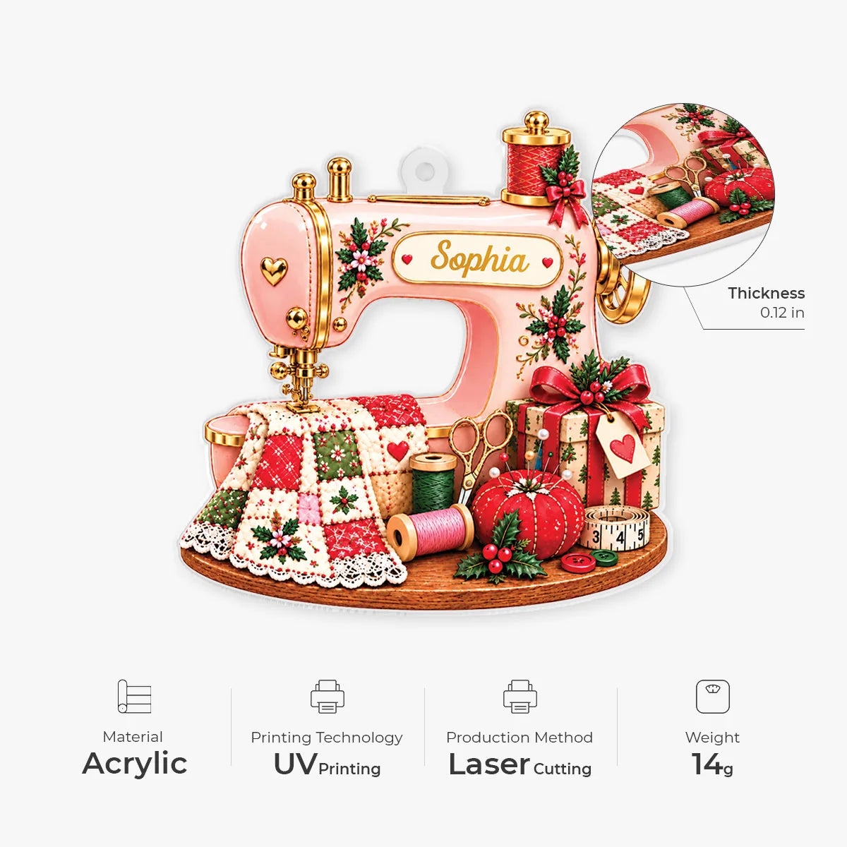 Vintage Sewing Machine Acrylic Ornament - Personalized Quilter Christmas Gift