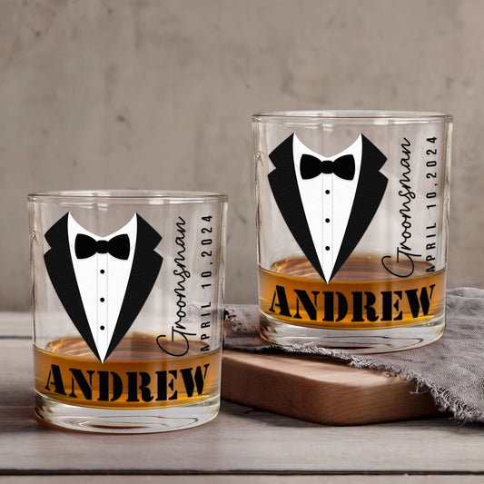 Personalized groomsmen whiskey glass with tuxedo print design and custom name for wedding party gifts