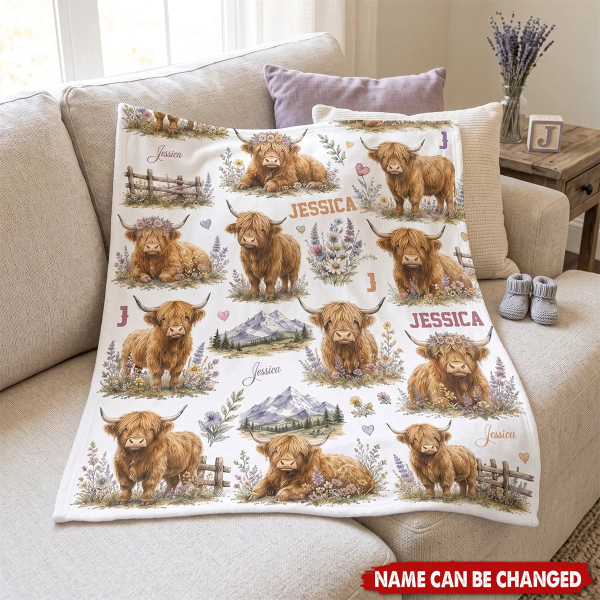 Personalized Highland Cow Baby Blanket - Custom Name Keepsake Gift