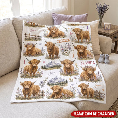 Personalized Highland Cow Baby Blanket - Custom Name Keepsake Gift