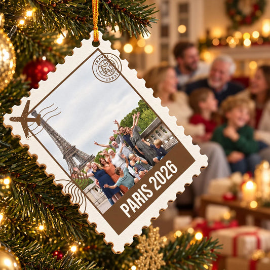 Postage Stamp Photo Ornament - Personalized Vacation Memories Wood Keepsake for Family
