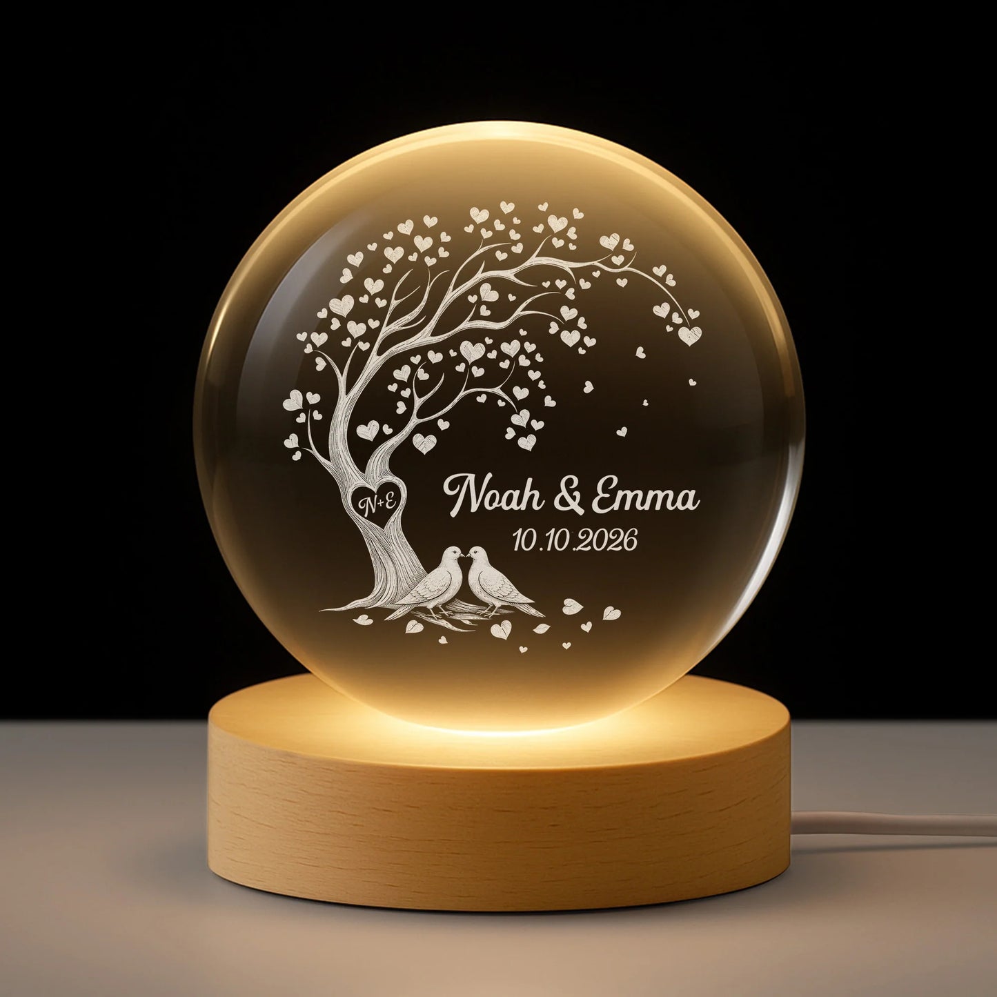 Tree Heart Custom Crystal Ball Lamp - Personalized Anniversary Gift for Couple with Names
