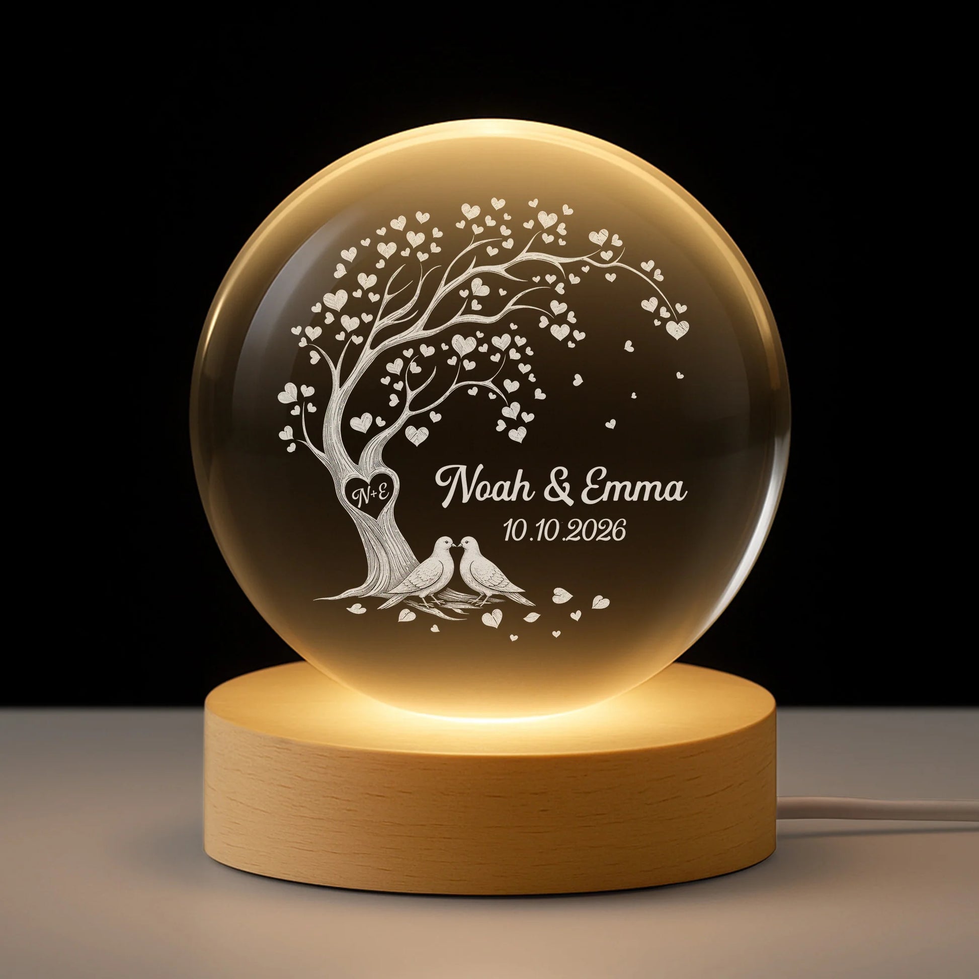 Tree Heart Custom Crystal Ball Lamp - Personalized Anniversary Gift for Couple with Names