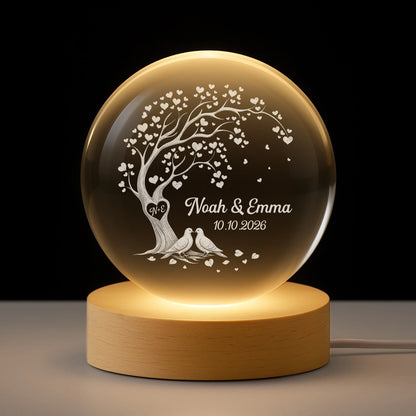 Tree Heart Custom Crystal Ball Lamp - Personalized Anniversary Gift for Couple with Names