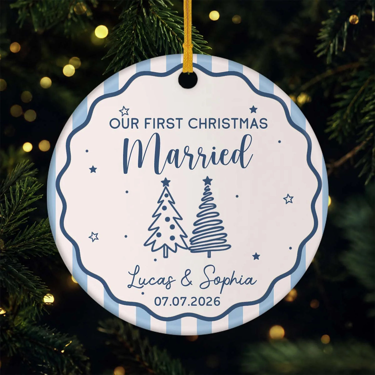 "Our First Christmas as Mr & Mrs" Custom Last Name Ceramic Ornament - Personalized Wedding Gift for Newlywed Couples