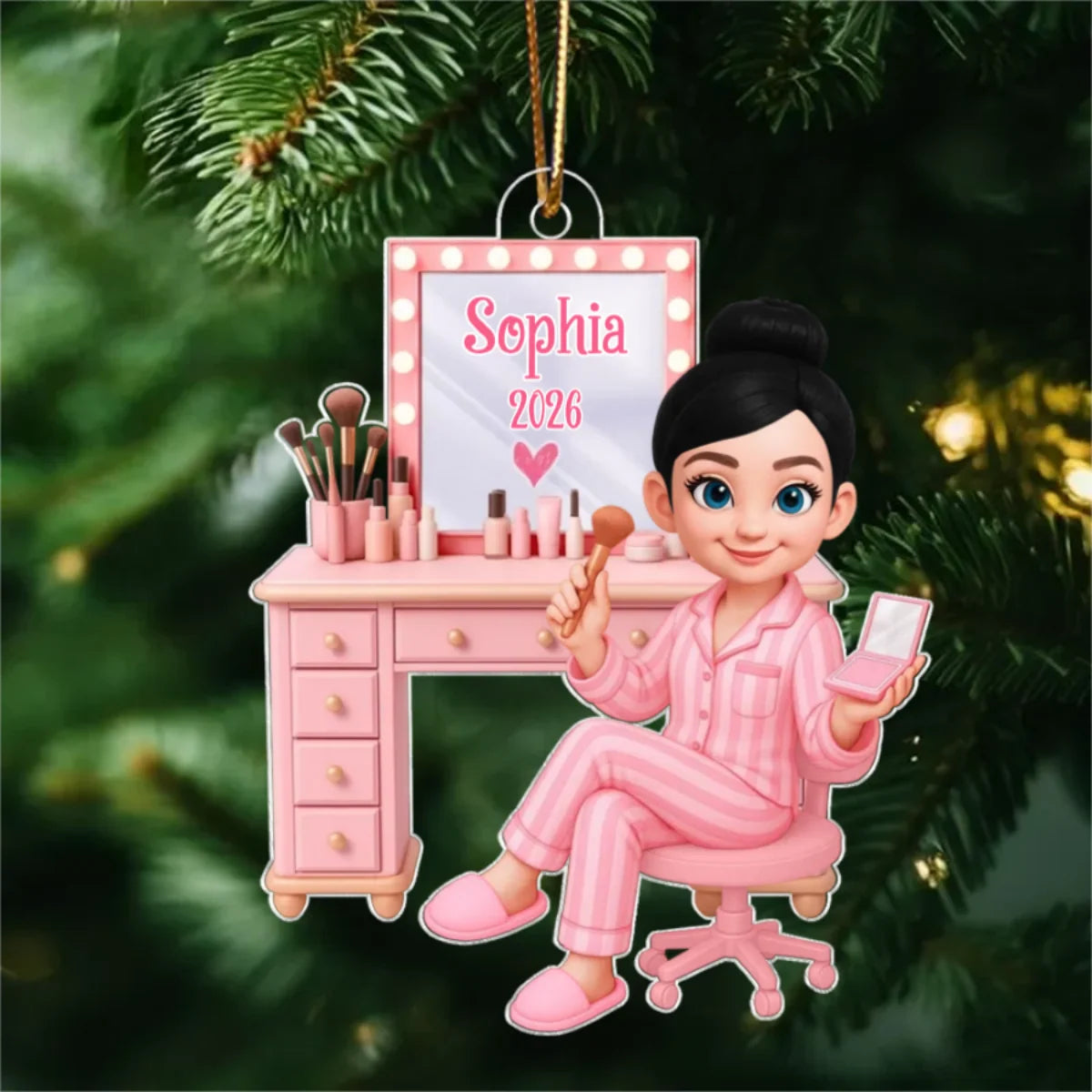 Personalized Pink Makeup Acrylic Ornament - Custom Vanity Christmas Gift for Daughter & Granddaughter