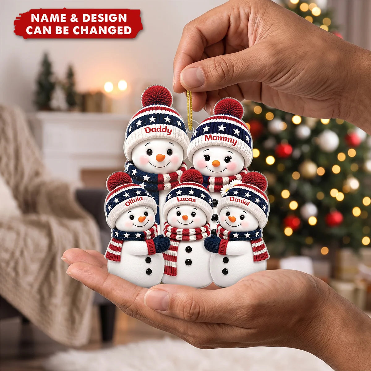 Patriotic Snowman Family Personalized Acrylic Ornament - Custom Names Christmas Keepsake for Family