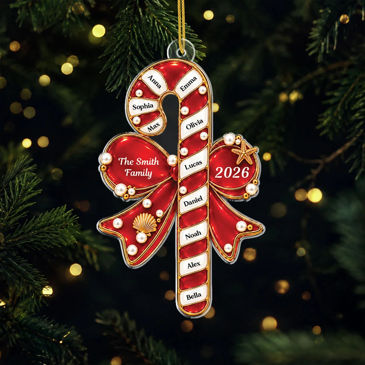 Personalized Candy Cane Christmas Acrylic Ornament - Custom Family Names Holiday Gift