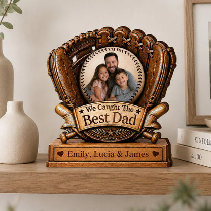 Custom dad baseball plaque designed as a layered wooden baseball glove with personalized names for father's day gift image 6