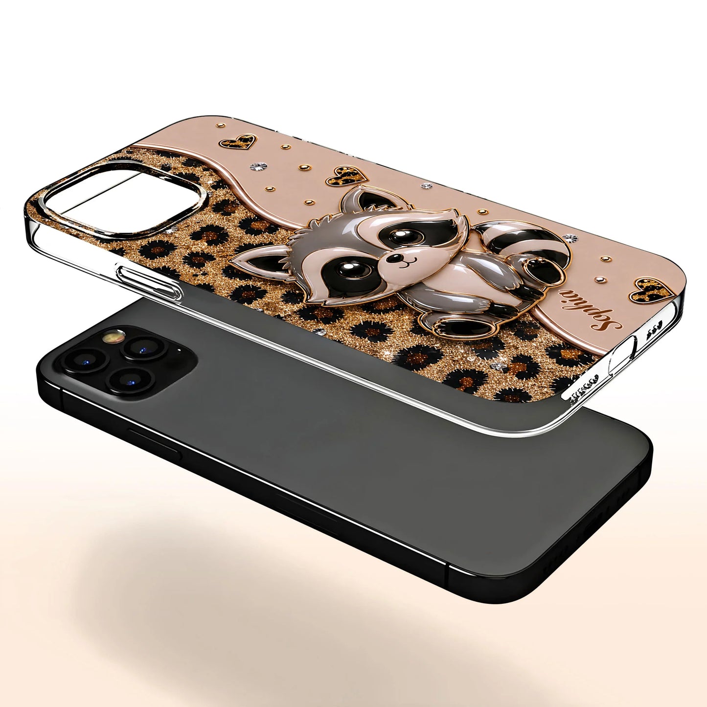 Personalized clear phone case featuring cute raccoon and 3D glitter leopard print custom gift for women image 7