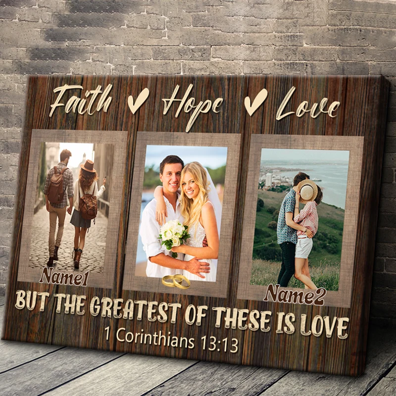 Faith Hope Love Personalized Anniversary Canvas / Poster - Custom Couple Photo Wall Art Gift