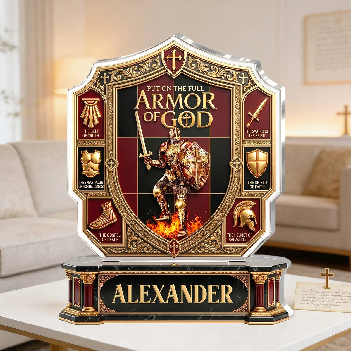 "Put On The Full Armor Of God" Personalized Acrylic Plaque - Custom Christian Gift for Men