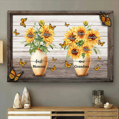 "First Mom Now Grandma" Sunflower Pot Personalized Canvas / Poster - Custom Wall Art Gift for Mom & Grandma