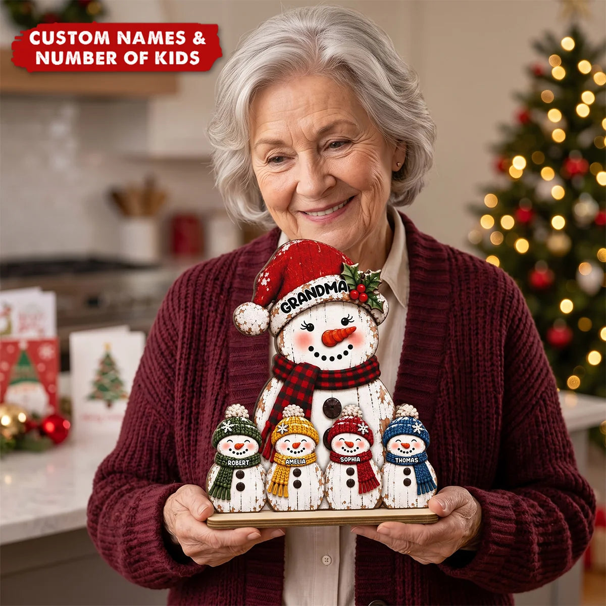 Snowman Family Personalized Wooden Plaque for Grandma - Custom Grandkids Names Holiday Keepsake Gift