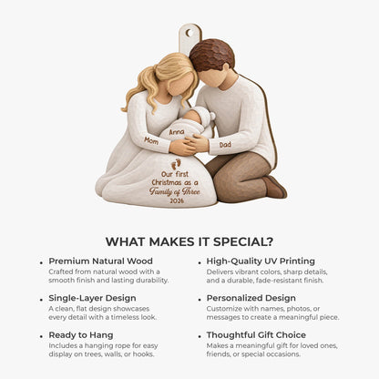 Our First Christmas as a Family of Three - Personalized Wooden Ornament for New Parents