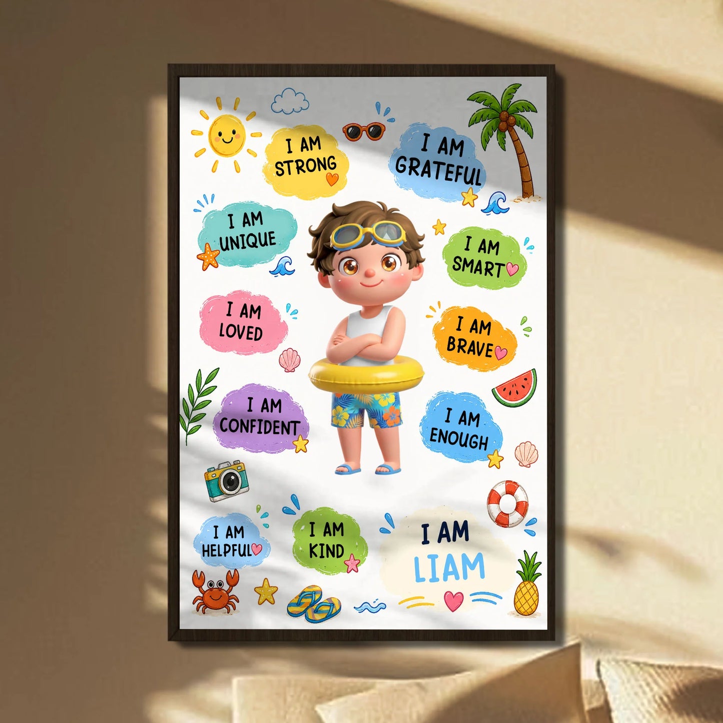 Personalized kids positive affirmations poster with custom name and cartoon boy beach theme print