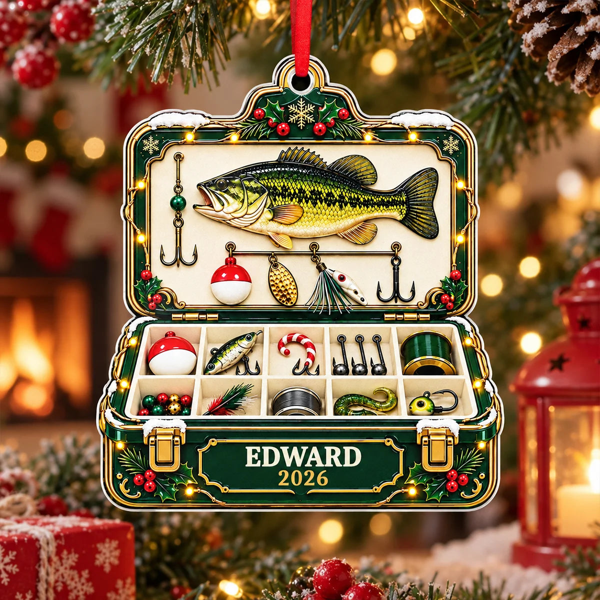 Tackle Box Keepsake Personalized Fishing Acrylic Ornament - Custom Gift for Dad Husband Grandpa