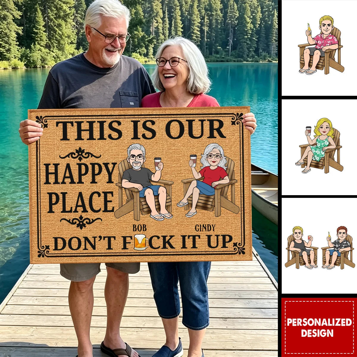 Personalized happy place doormat featuring custom cartoon couple sitting in chairs for outdoor entryway decoration