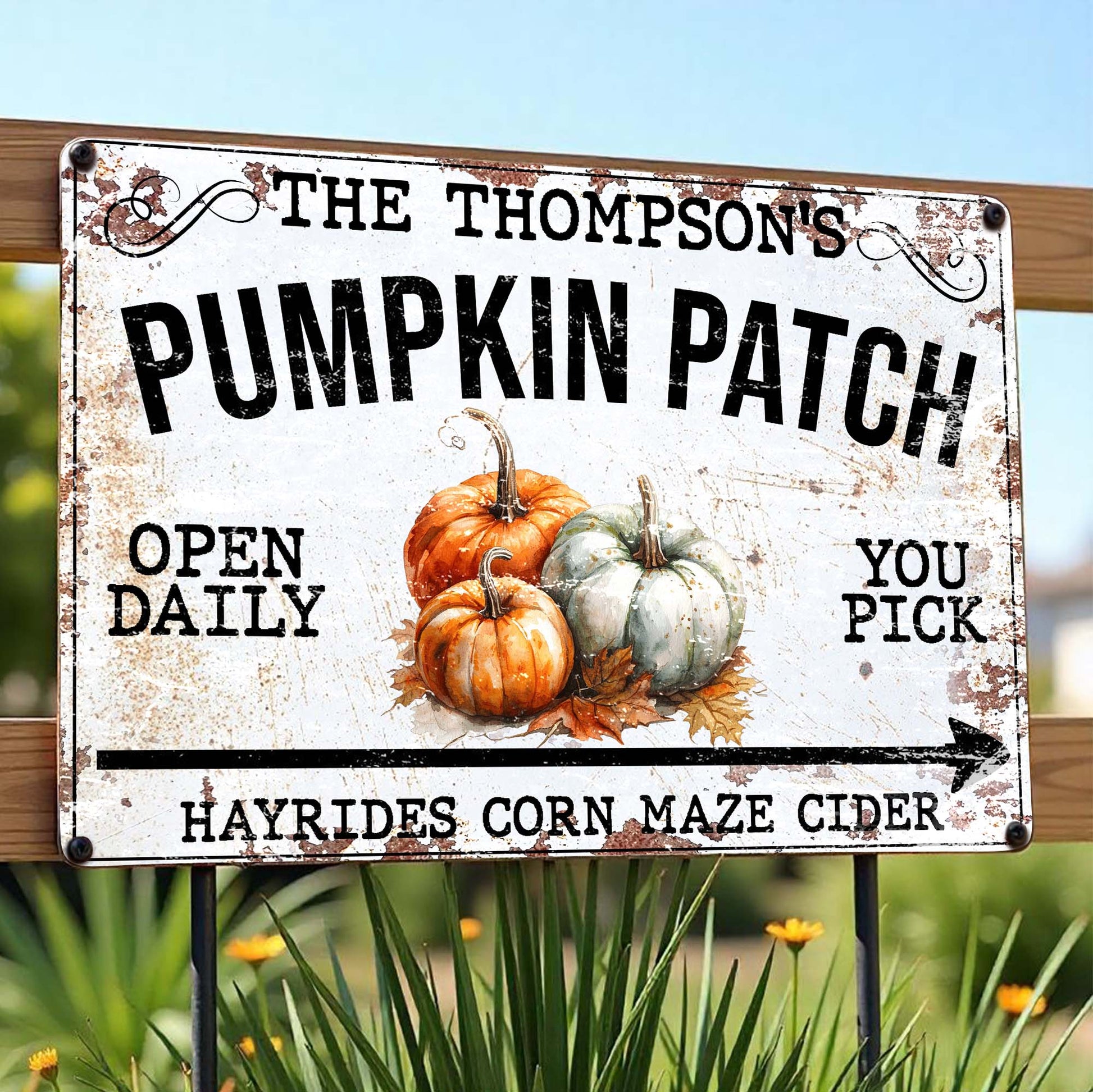 Personalized Fall Pumpkin Patch Metal Sign personalization view for Family