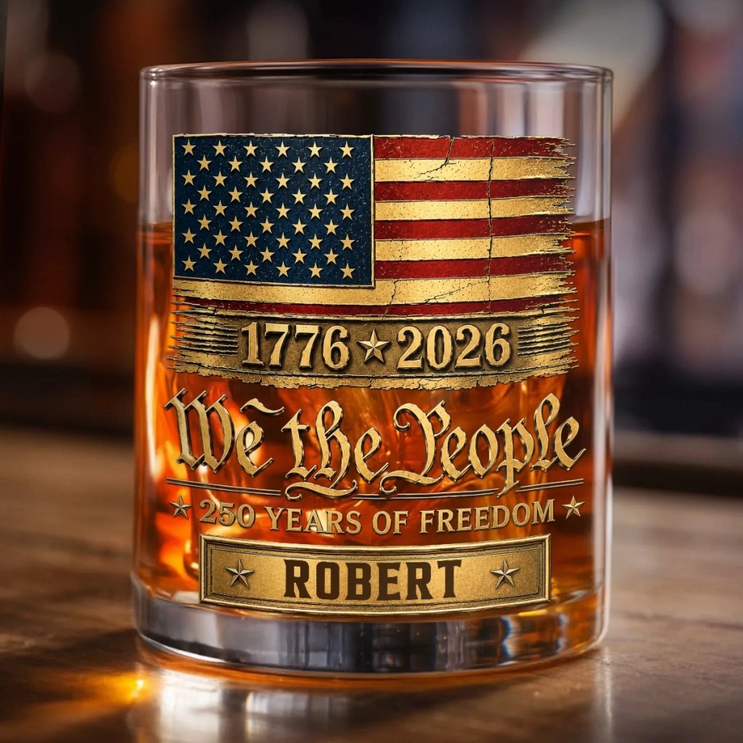 Personalized America 250th anniversary whiskey glass with custom name Robert and 1776-2026 design