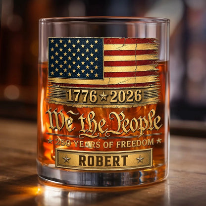 Personalized America 250th anniversary whiskey glass with custom name Robert and 1776-2026 design