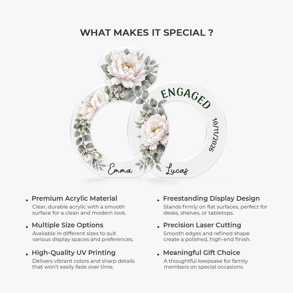 Custom Engagement Floral Rings Acrylic Plaque - Personalized Engagement Gift for Couples