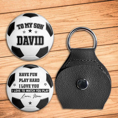 Keychain material and size view - Soccer Pocket Hug Token