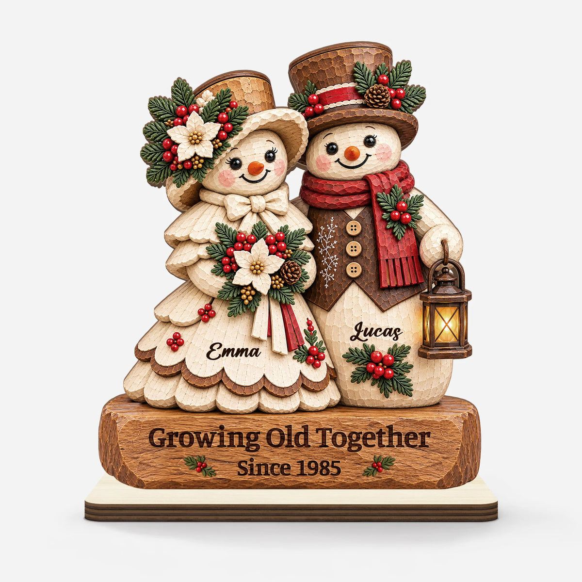 Growing Old Together Personalized Snowman Couple Wooden Plaque - Custom Rustic Christmas Keepsake Gift for Couples