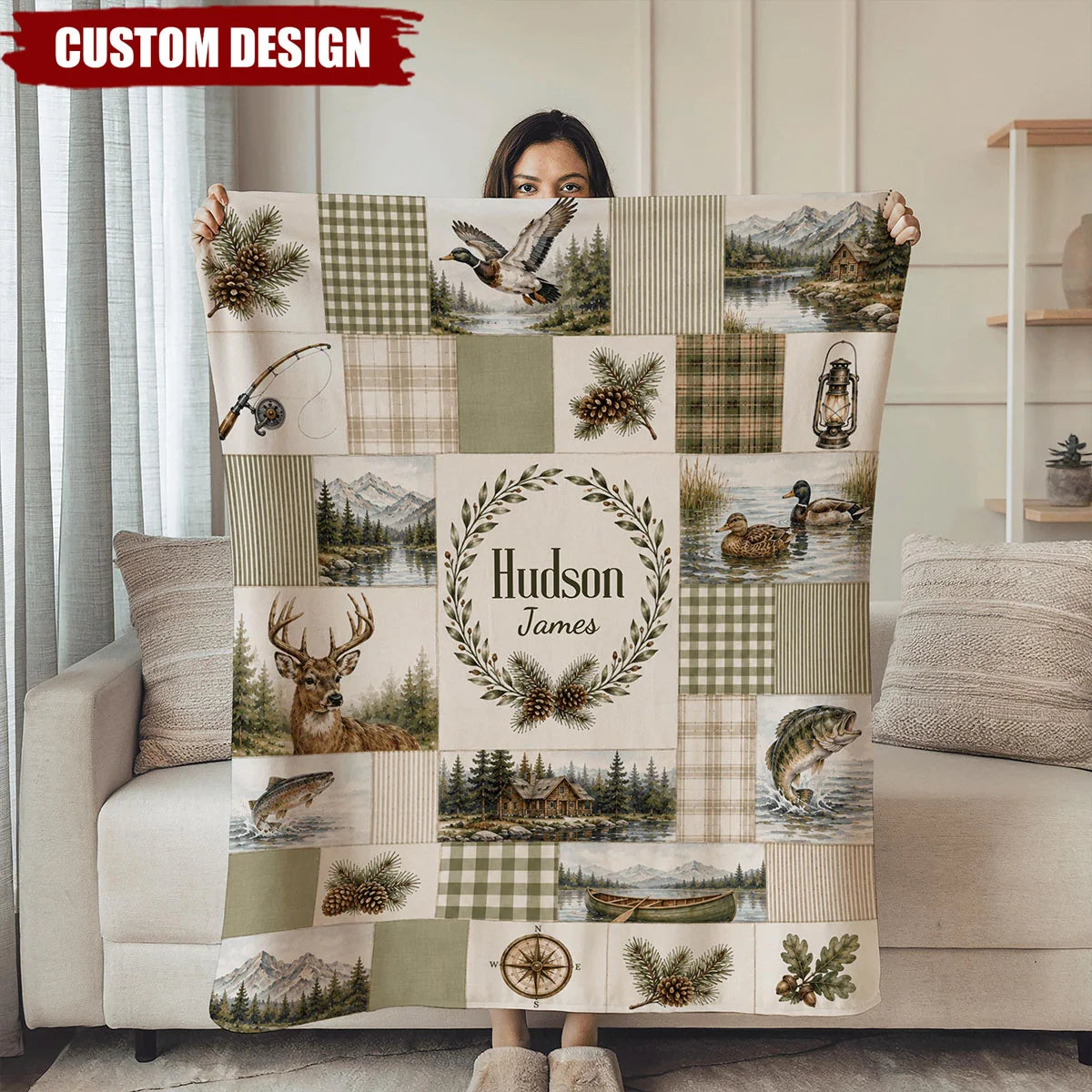 Rustic Cabin Woodland Personalized Hunting Fishing Blanket - Decor Keepsake Gift for Baby Boy Nursery
