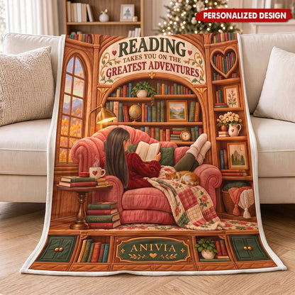 Reading Takes You On The Greatest Adventures Personalized Reading Blanket - Cozy Bookish Gift for Book Lovers
