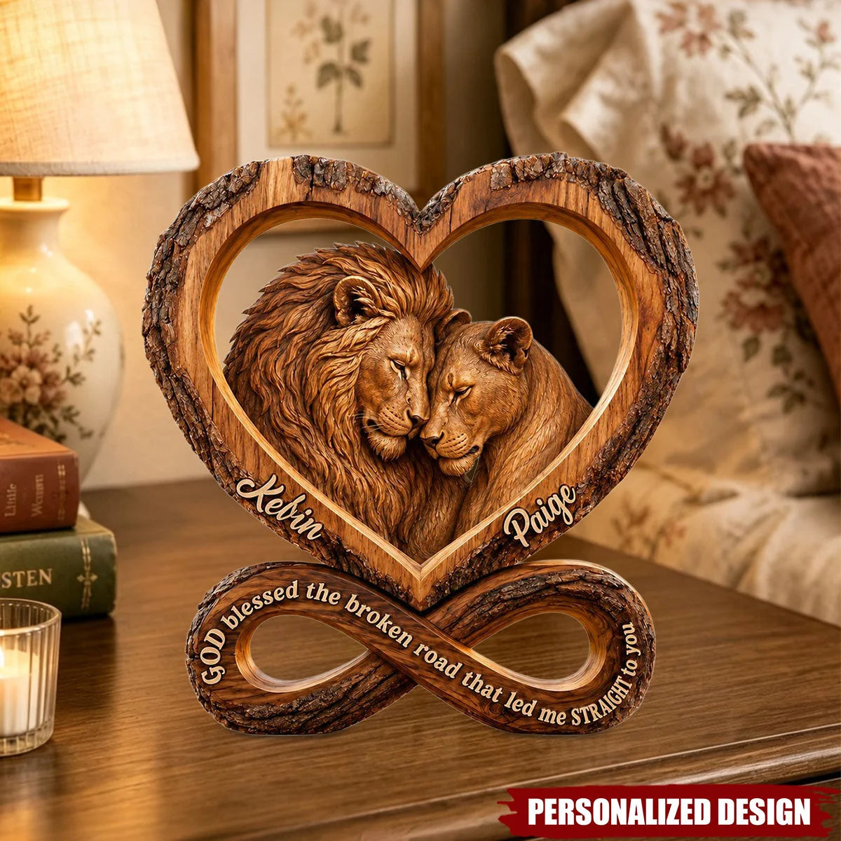 God Blessed The Broken Road - Personalized Lion Couple Heart Infinity Wooden Block Gift