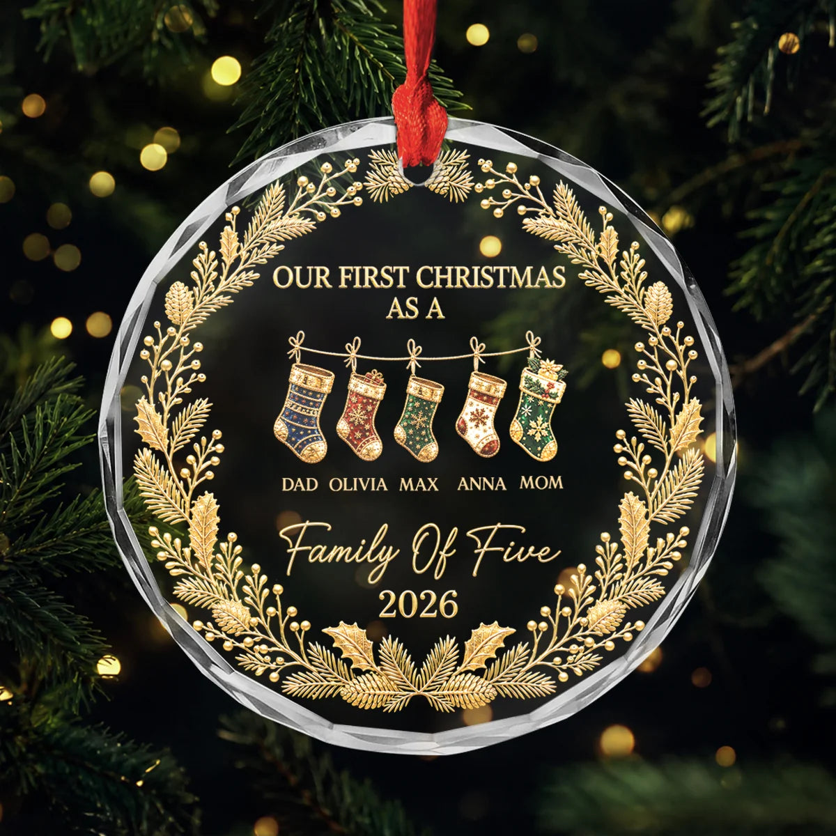 "Our First Christmas As A Family" Personalized Glass Ornament - Custom Christmas Keepsake
