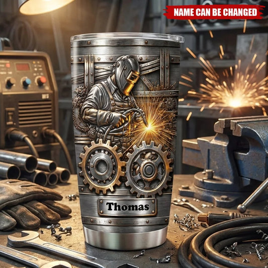 Hardworking Welder Sparks & Gears Personalized Tumbler - Custom Gift for Dad Husband Blue Collar