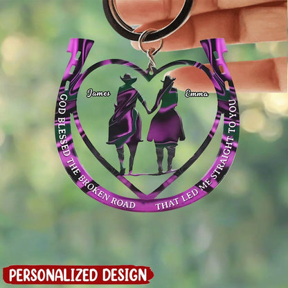 "God Blessed The Broken Road" Personalized Couple Cowboy Keychain - Custom Horse Lover Gift
