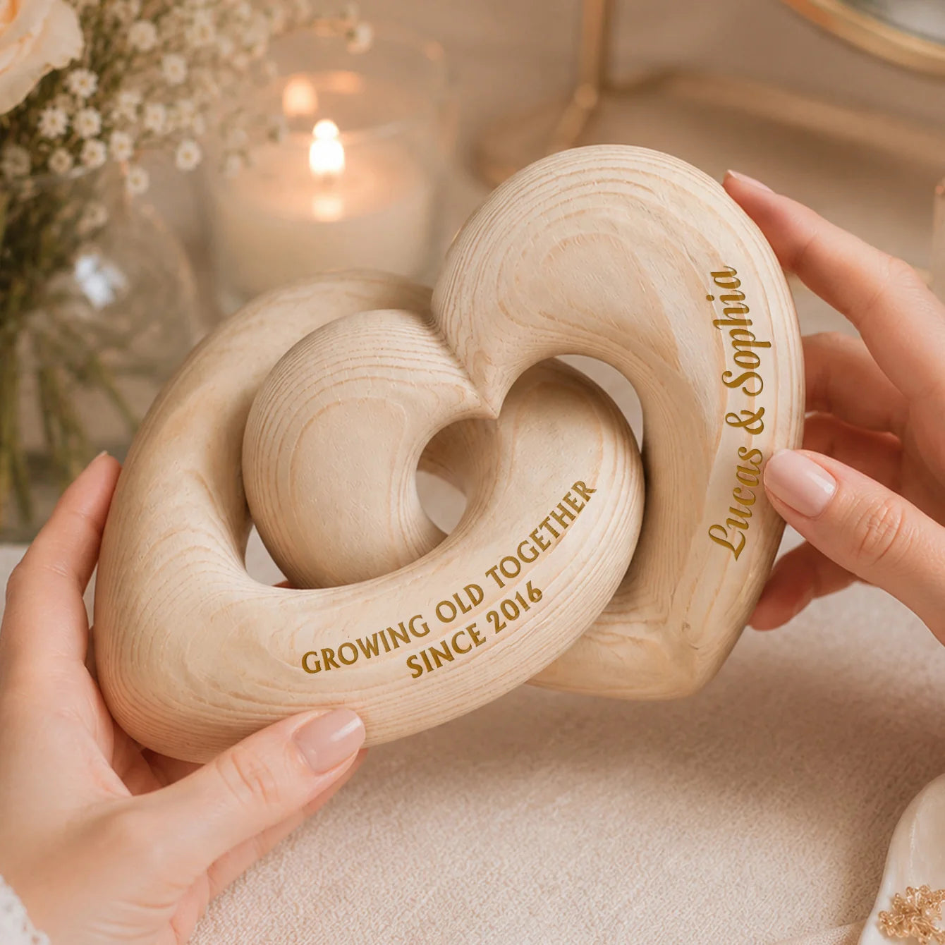 Growing Old Together Personalized Wooden Heart Sculpture - Custom Anniversary Gift for Couples