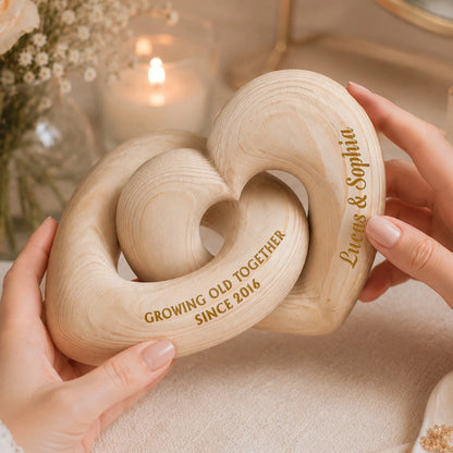 Growing Old Together Personalized Wooden Heart Sculpture - Custom Anniversary Gift for Couples