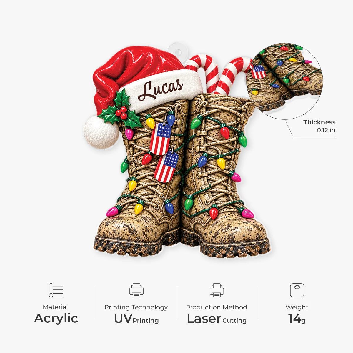 Personalized Military Boots Acrylic Ornament - Custom Veteran Christmas Gift with Name