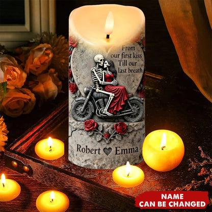 From Our First Kiss Till Our Last Breath Personalized LED Candle - Custom Biker Couple Keepsake for Anniversary
