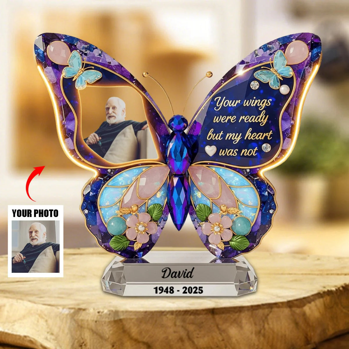 Personalized memorial plaque in butterfly shape with custom photo and remembrance quote