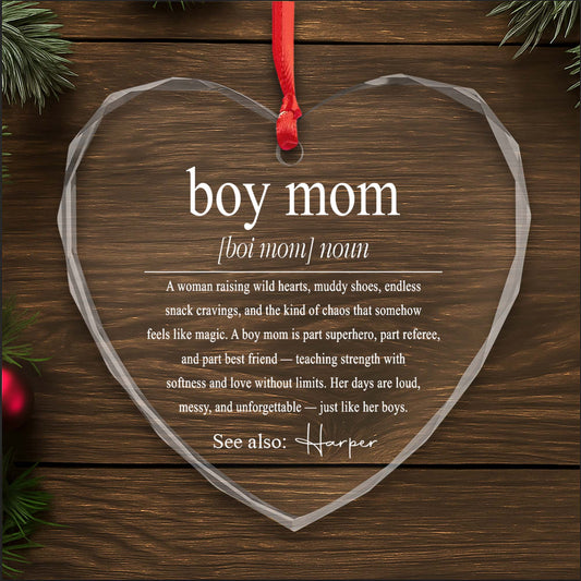 Boy Mom Heart Glass Ornament for Mom with personalized design details for meaningful gifting