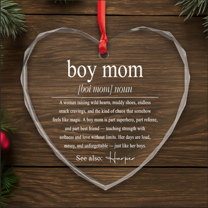 Boy Mom Heart Glass Ornament for Mom with personalized design details for meaningful gifting