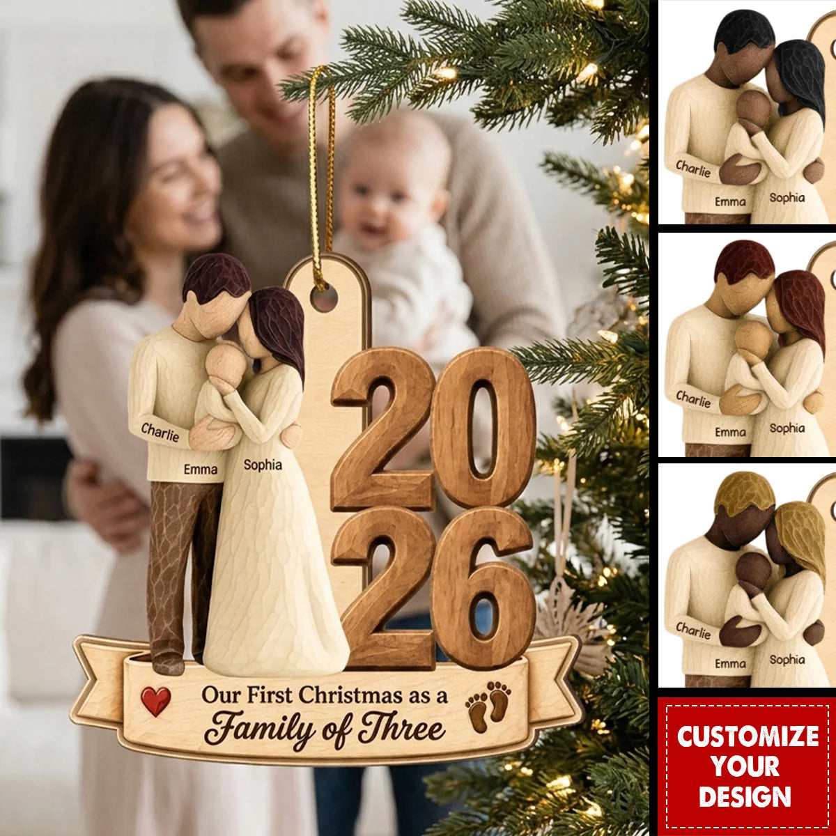 Our First Christmas as a Family of Three - Personalized Wooden Ornament for New Parents
